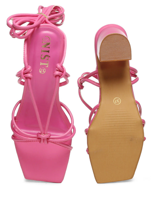 GNIST Hot Pink Strappy Tie up Block Heel Sandal