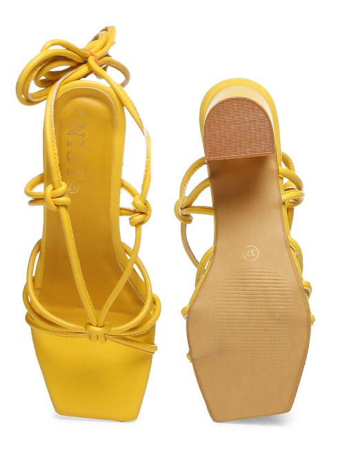GNIST Yellow Strappy Tie up Block Heel Sandal