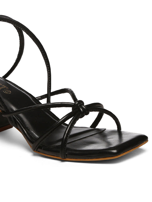 GNIST Black Strappy Tie up Block Heel Sandal