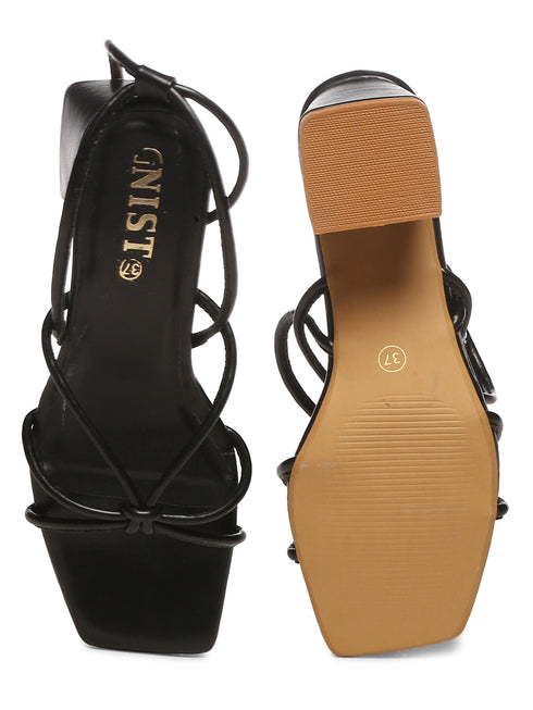 GNIST Black Strappy Tie up Block Heel Sandal