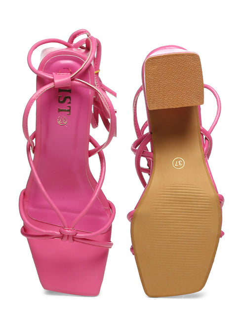 GNIST Hot Pink Strappy Tie up Block Heel Sandal