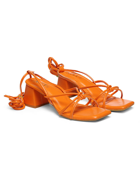 GNIST Orange Strappy Tie up Block Heel Sandal