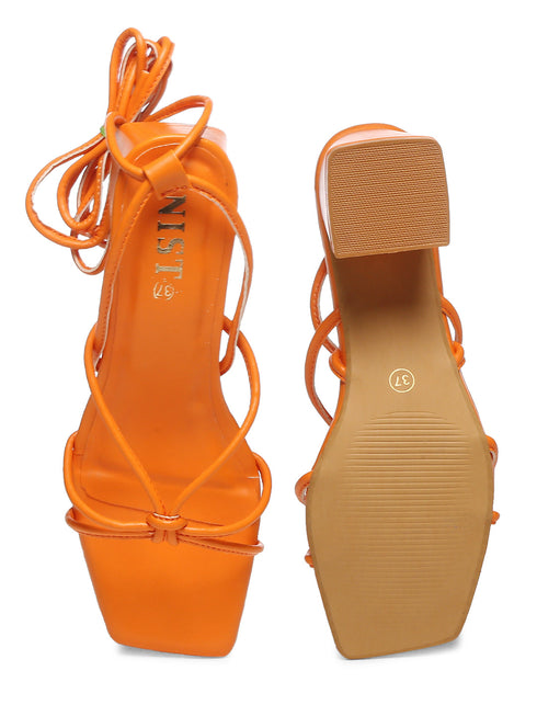 GNIST Orange Strappy Tie up Block Heel Sandal