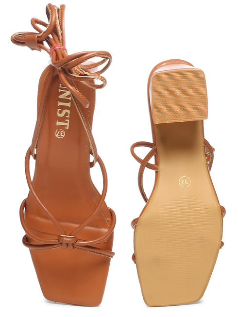 GNIST Tan Strappy Tie up Block Heel Sandal