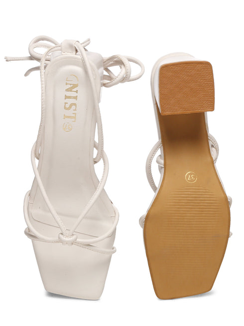 GNIST White Strappy Tie up Block Heel Sandal