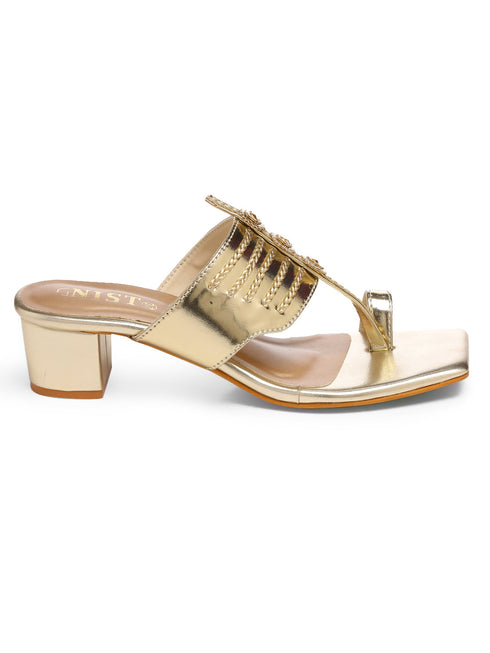 GNIST Gold Kolhapuri Ethnic Block Heel