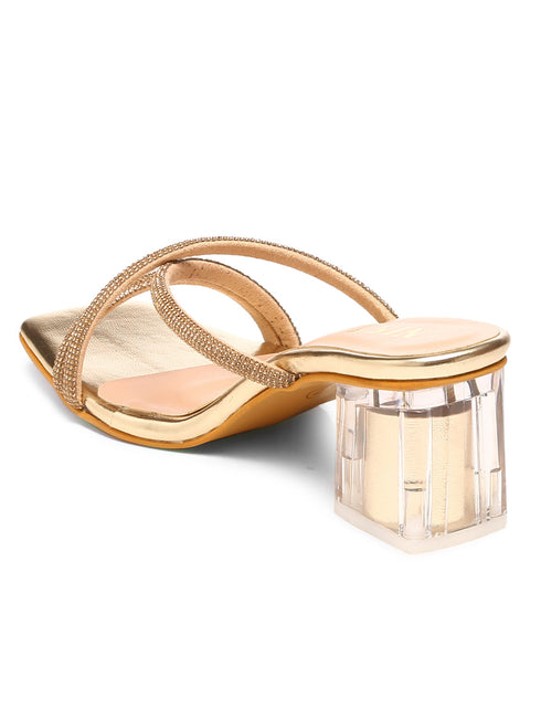GNIST Gold Embellished Cross Strap Block Heel