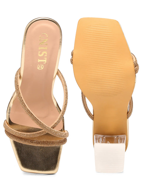 GNIST Gold Embellished Cross Strap Block Heel