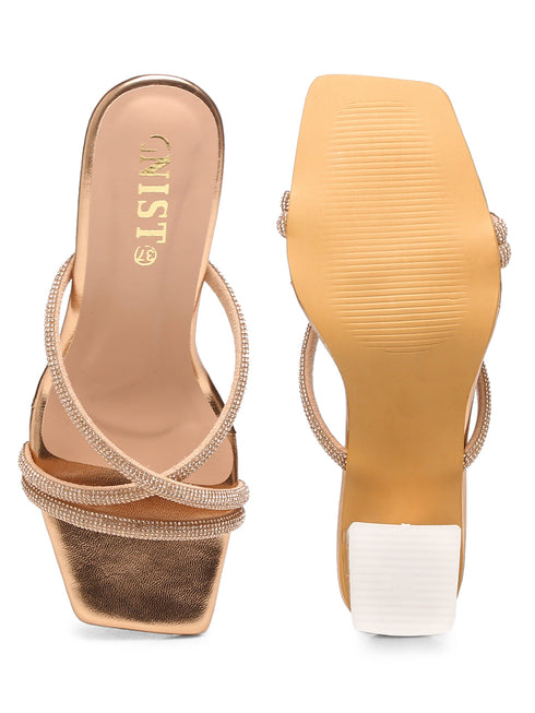 GNIST Rosegold Embellished Cross Strap Patent Block Heel
