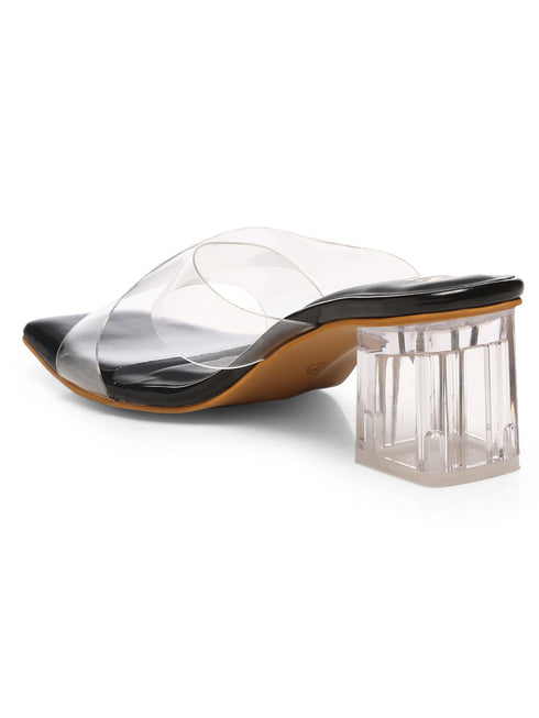 GNIST Black Cross Strap Transparent Clear Block Heels