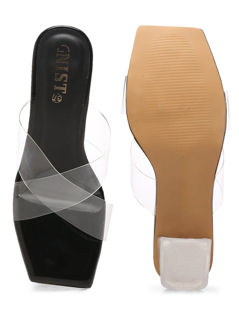 GNIST Black Cross Strap Transparent Clear Block Heels