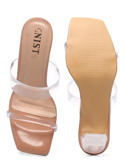 GNIST Beige Strappy Transparent Clear Block Heels