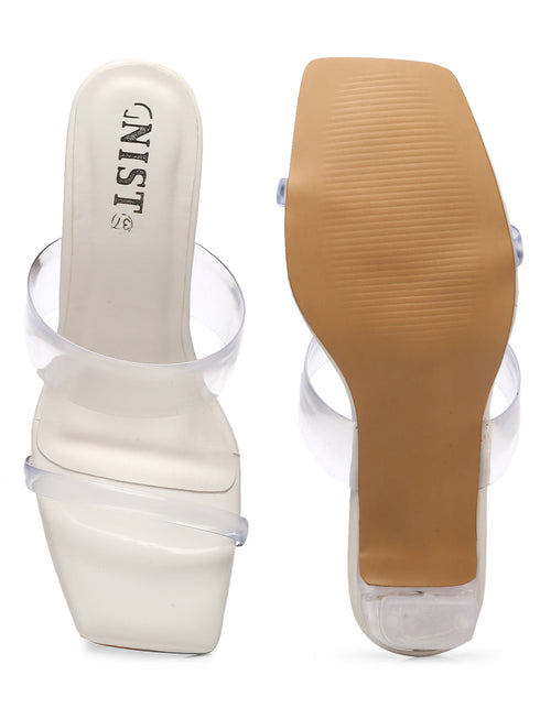 GNIST White Strappy Transparent Clear Block Heels