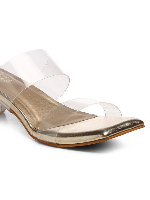 GNIST Gold Twin Strap Transparent Clear Block Heels