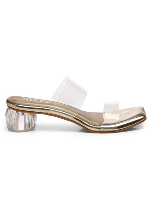 GNIST Gold Twin Strap Transparent Clear Block Heels