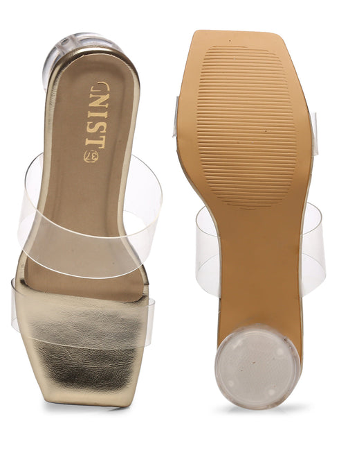 GNIST Gold Twin Strap Transparent Clear Block Heels