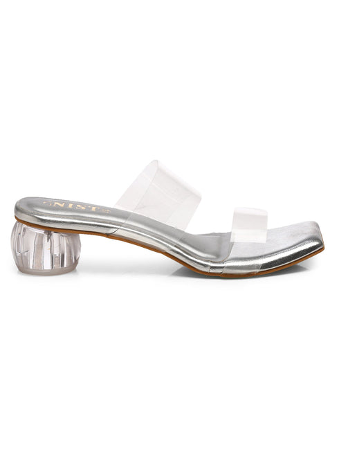 GNIST Silver Twin Strap Transparent Clear Block Heels