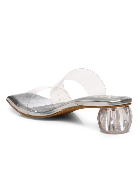 GNIST Silver Twin Strap Transparent Clear Block Heels