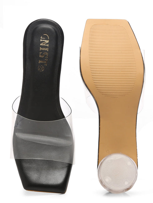 GNIST Black Toe Strap Transparent Clear Block Heels