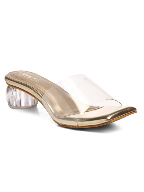 GNIST Gold Twin Strap Transparent Clear Block Heels