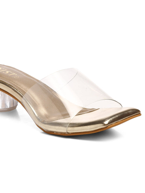 GNIST Gold Twin Strap Transparent Clear Block Heels