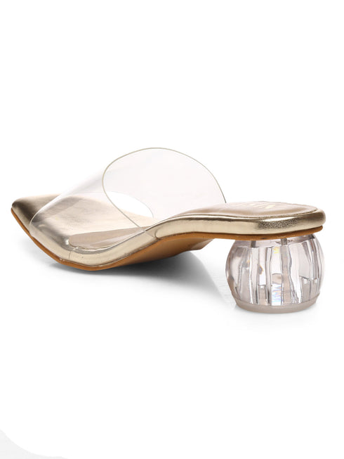 GNIST Gold Twin Strap Transparent Clear Block Heels