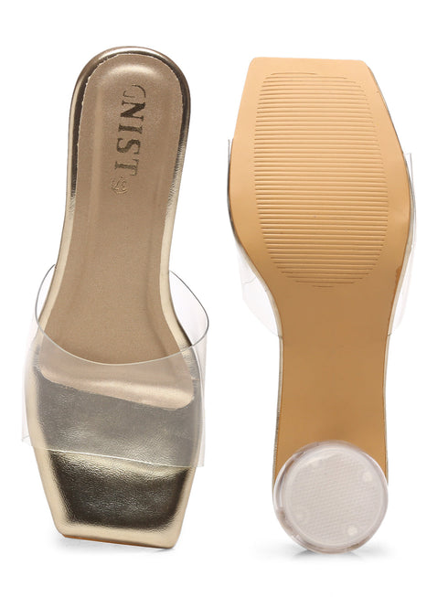 GNIST Gold Twin Strap Transparent Clear Block Heels