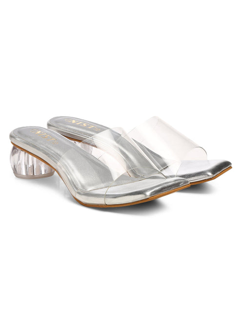 GNIST Silver Twin Strap Transparent Clear Block Heels