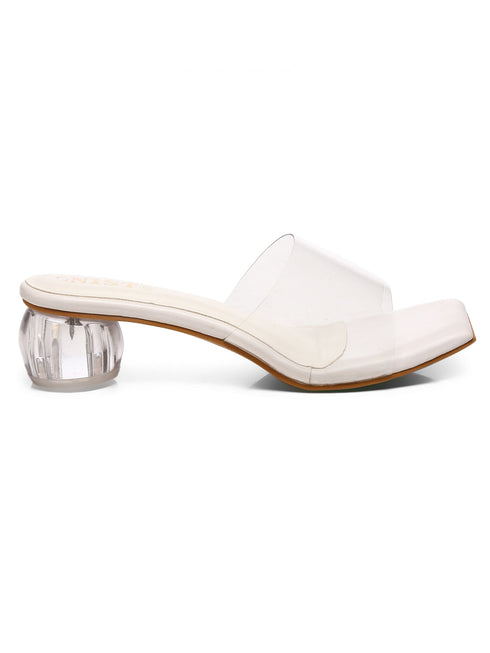GNIST White Twin Strap Transparent Clear Block Heels