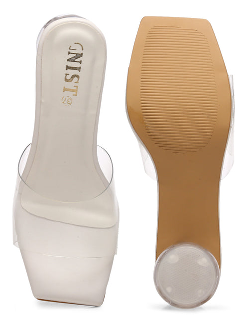 GNIST White Twin Strap Transparent Clear Block Heels