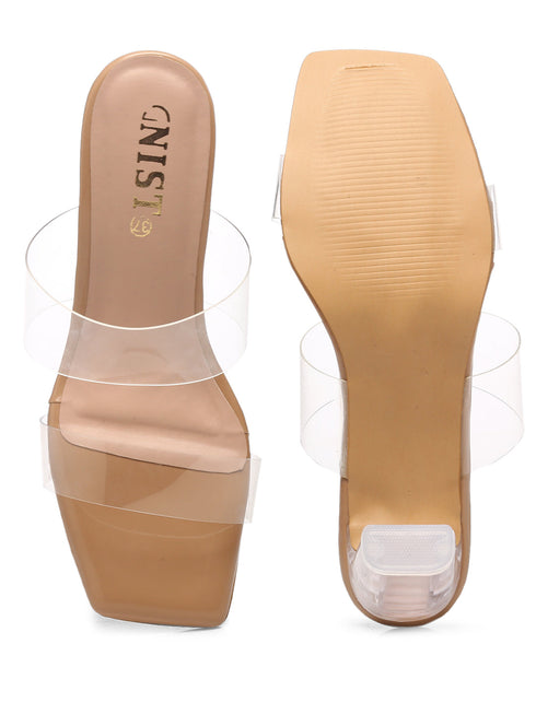 GNIST Beige Twin Strap Clear Block Heels