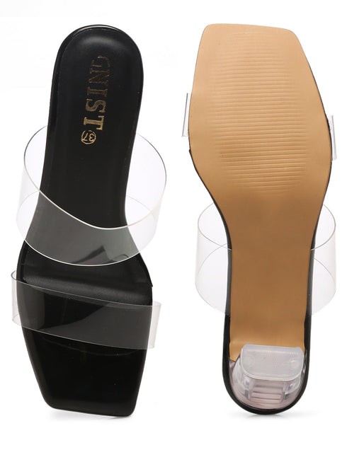 GNIST Black Twin Strap Clear Block Heels