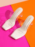 GNIST White Twin Strap Clear Block Heels