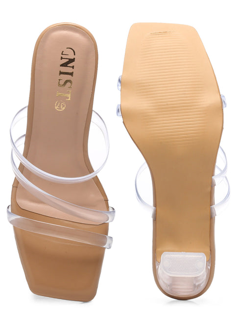 GNIST Beige Multi Strap Clear Block Heels