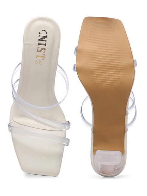 GNIST White Multi Strap Clear Block Heels