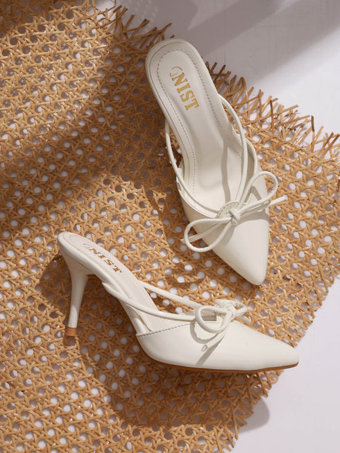 GNIST Pointed Mule With Bow White Stiletto Heel
