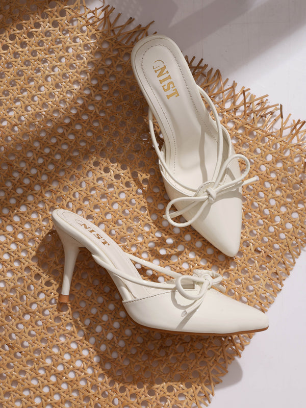 GNIST Pointed Mule With Bow White Stiletto Heel
