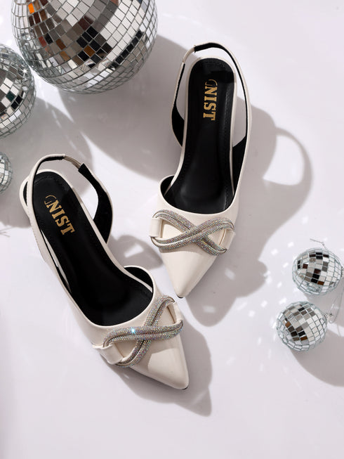 GNIST Embellished Pointed White Block Heel