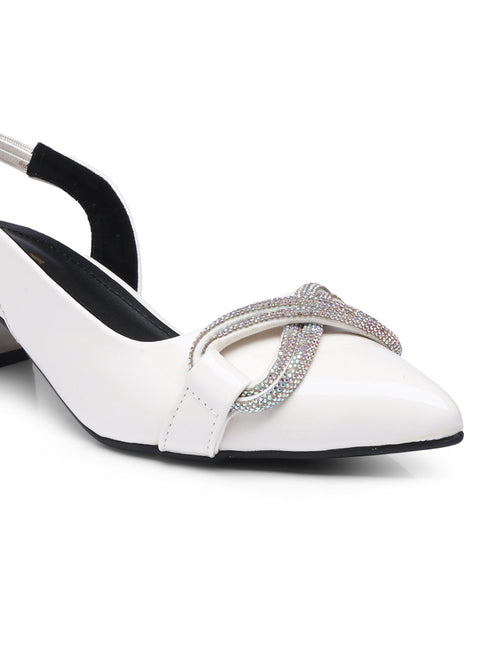 GNIST Embellished Pointed White Block Heel
