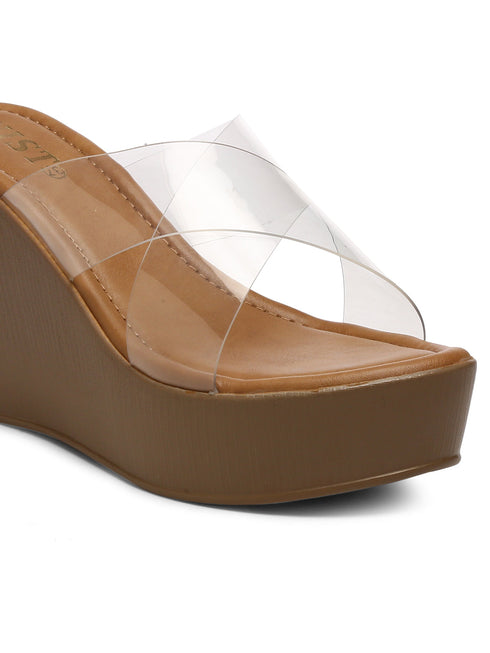 Gnist Beige Cross Strap High Heels Transparent Platforms Heels