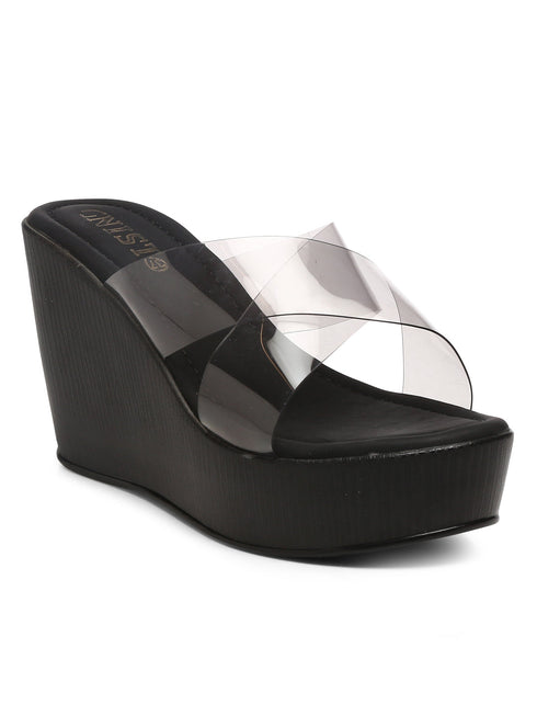 Gnist Black Cross Strap High Heels Transparent Platforms Heels