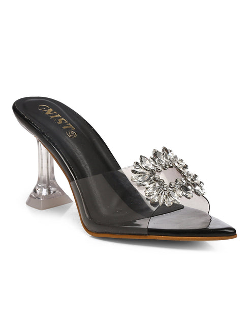 GNIST Pointed Embellished Transparent Black Heels