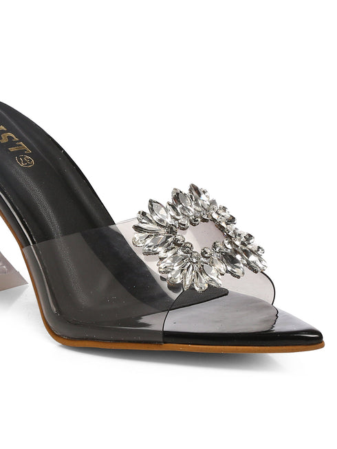 GNIST Pointed Embellished Transparent Black Heels