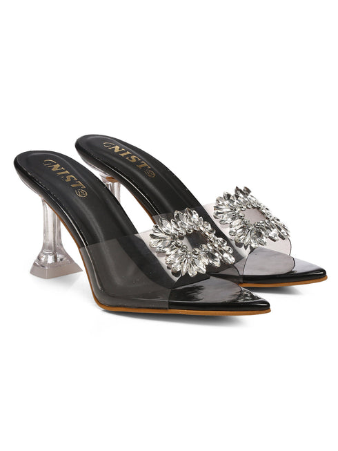 GNIST Pointed Embellished Transparent Black Heels