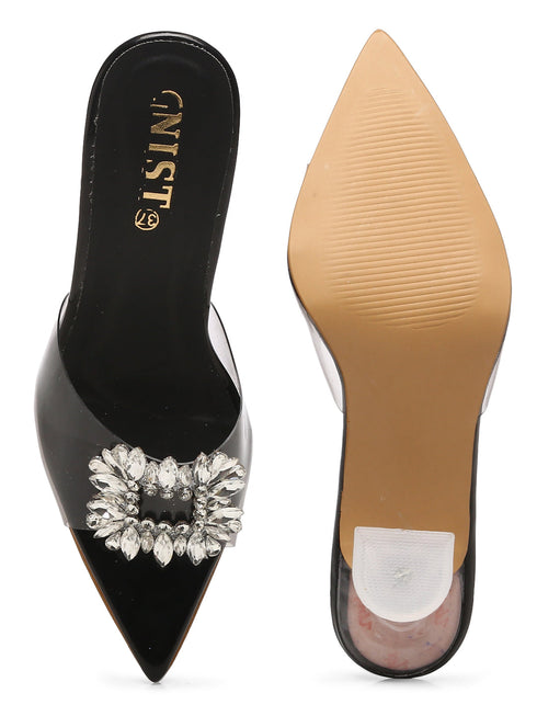 GNIST Pointed Embellished Transparent Black Heels