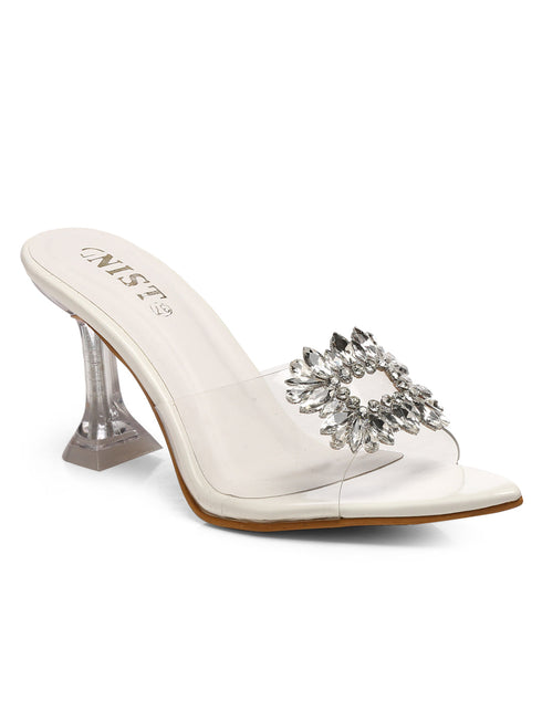 GNIST Pointed Embellished Transparent White Heels