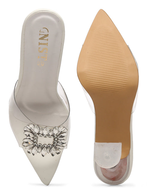 GNIST Pointed Embellished Transparent White Heels