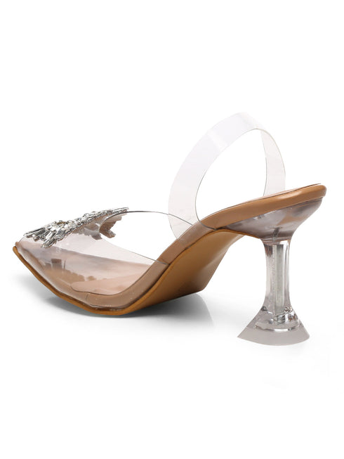 GNIST Round Rhinestone Studded Beige Pointed Stilettos