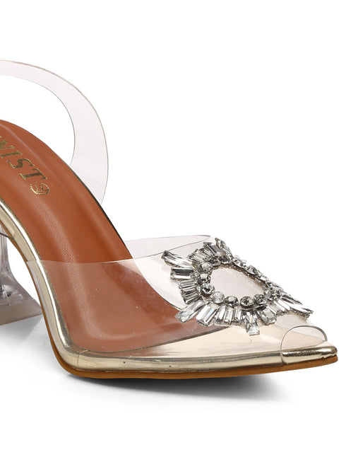 GNIST Round Rhinestone Studded Embellished Pointed Stilettos