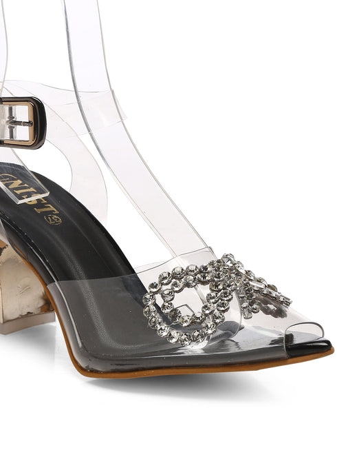 GNIST Black Pointed Embellished Transparent Bow Heels